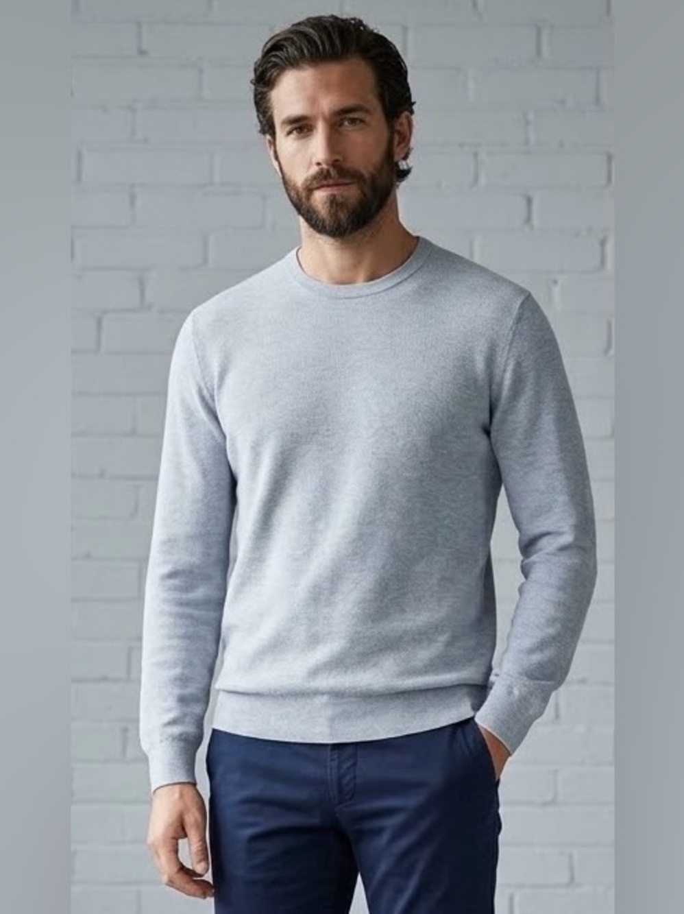 SUITSUPPLY Light Blue Gray Cotton Silk Knit Crewneck Sweater Size Large
